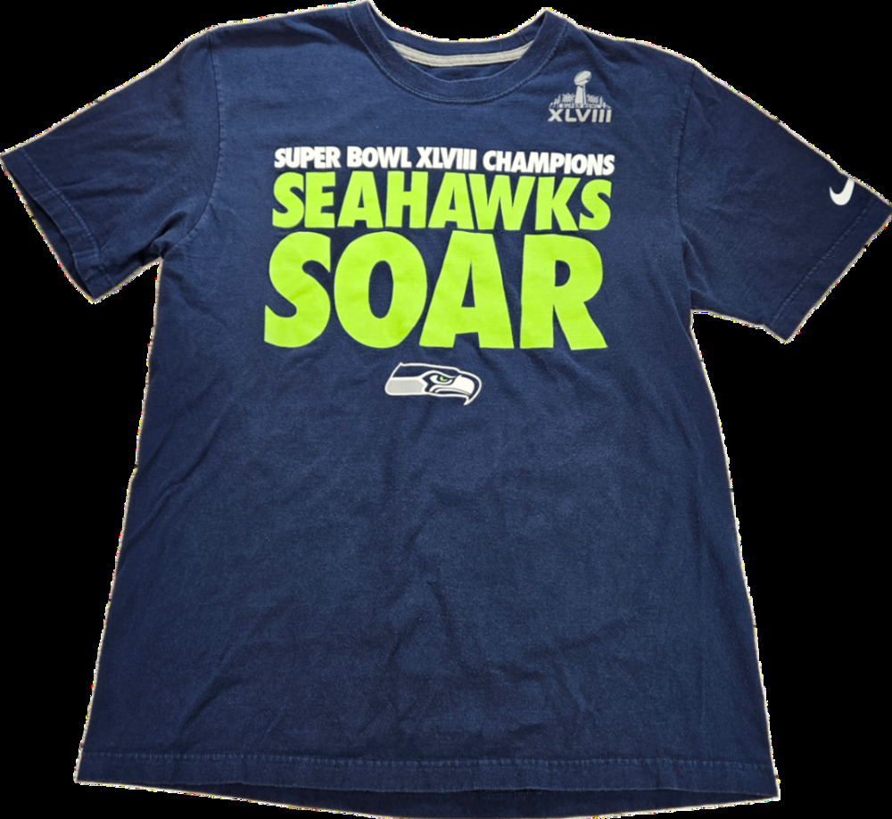 Nike T-Shirt Men's Navy Blue Medium Super Bowl XLVIII Champions Seahawks Cotton